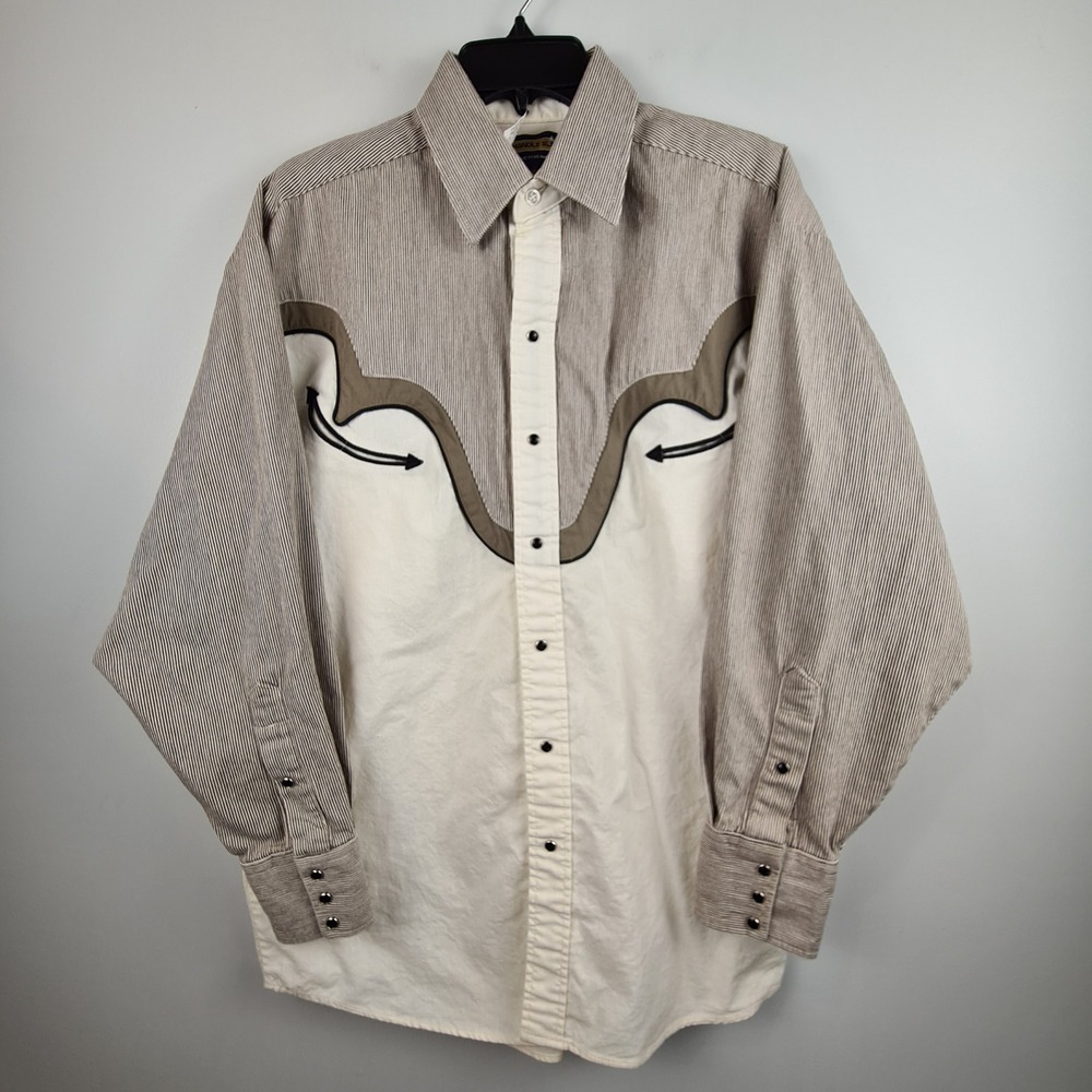 Panhandle Slim Mens Western Pearl Snap Shirt Cream Brown Pinstripe Made USA ML